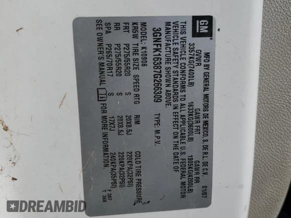 ✅ 2007 Chevrolet Suburban LT • VIN: 3GNFK16387G266309 • Lot: 92648945. Listed on Copart with Not provided. Free auction sales archive from the USA and detailed vehicle history report at DreamBid. Image 13.