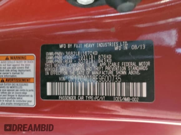 ✅ 2014 Subaru BRZ Limited • VIN: JF1ZCAC18E9600735 • Лот: 70719745. Опубликован ранее на Copart с пробегом 124 632 миль. Бесплатный доступ к архиву аукционных продаж из США и подробный отчёт об истории автомобиля на DreamBid. Изображение 12.