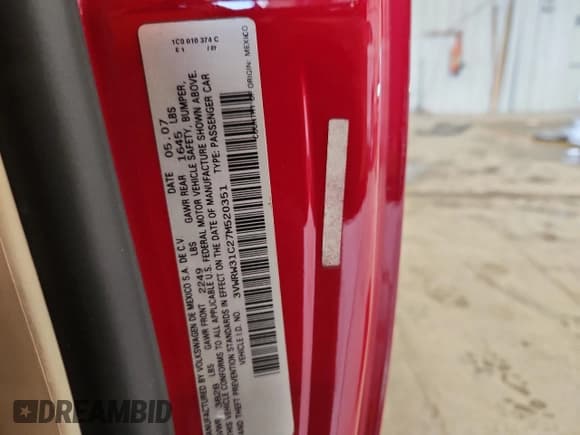 ✅ 2007 Volkswagen Beetle • VIN: 3VWRW31C27M520351 • Лот: 90313395. Опубликован ранее на Copart с пробегом 36 546 миль. Бесплатный доступ к архиву аукционных продаж из США и подробный отчёт об истории автомобиля на DreamBid. Изображение 12.