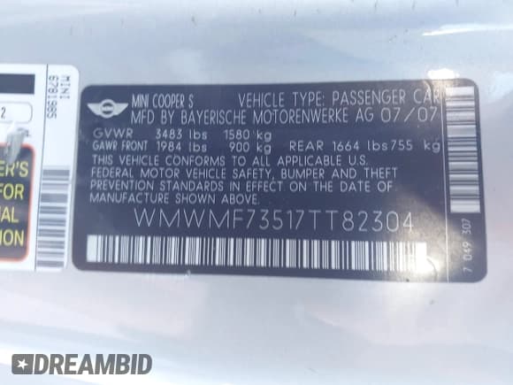 ✅ 2007 MINI Hardtop S • VIN: WMWMF73517TT82304 • Lot: 43860304. Listed on IAAI with 138,157 mi. Free auction sales archive from the USA and detailed vehicle history report at DreamBid. Image 9.