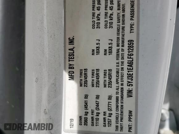 ✅ 2020 Tesla Model 3 Standard Range Plus • VIN: 5YJ3E1EA6LF612859 • Lot: 84473835. Wystawiony na Copart z przebiegiem 96 753 mil. Bezpłatny archiwum sprzedaży aukcyjnych z USA i szczegółowy raport historii pojazdu na DreamBid. Zdjęcie 12.