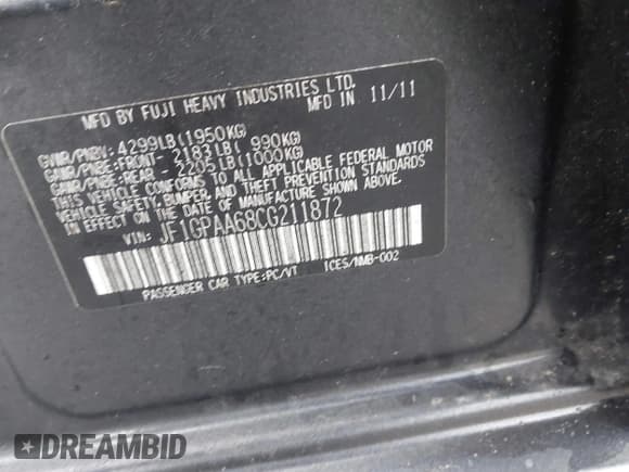 ✅ 2012 Subaru Impreza 2.0i • VIN: JF1GPAA68CG211872 • Lot: 43762799. Wystawiony na IAAI z przebiegiem 134 949 mil. Bezpłatny archiwum sprzedaży aukcyjnych z USA i szczegółowy raport historii pojazdu na DreamBid. Zdjęcie 9.