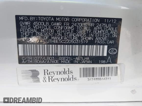 ✅ 2013 Lexus IS 350 • VIN: JTHBE5C22D5031519 • Lot: 43207842. Listed on IAAI with Not provided. Free auction sales archive from the USA and detailed vehicle history report at DreamBid. Image 9.