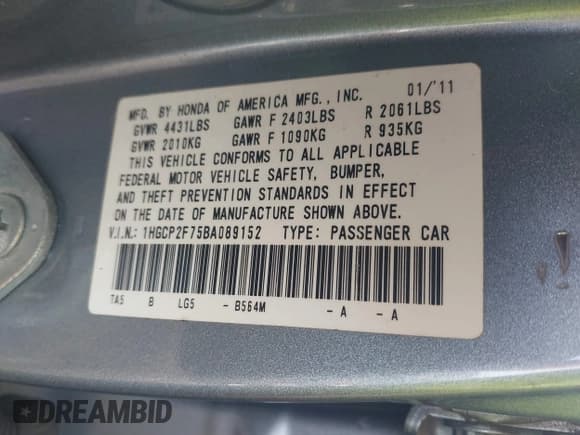 ✅ 2011 Honda Accord EX • VIN: 1HGCP2F75BA089152 • Лот: 43281031. Опубликован ранее на IAAI с пробегом 173 756 миль. Бесплатный доступ к архиву аукционных продаж из США и подробный отчёт об истории автомобиля на DreamBid. Изображение 9.