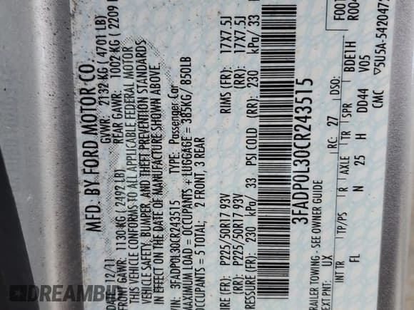 ✅ 2012 Ford Fusion Hybrid • VIN: 3FADP0L30CR243515 • Lot: 92265305. Listed on Copart with 62,142 mi. Free auction sales archive from the USA and detailed vehicle history report at DreamBid. Image 12.