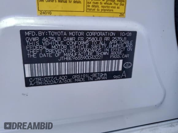 ✅ 2009 Lexus GS 350 • VIN: JTHBE96S590043221 • Lot: 94303805. Wystawiony na Copart z przebiegiem 93 853 mil. Bezpłatny archiwum sprzedaży aukcyjnych z USA i szczegółowy raport historii pojazdu na DreamBid. Zdjęcie 12.