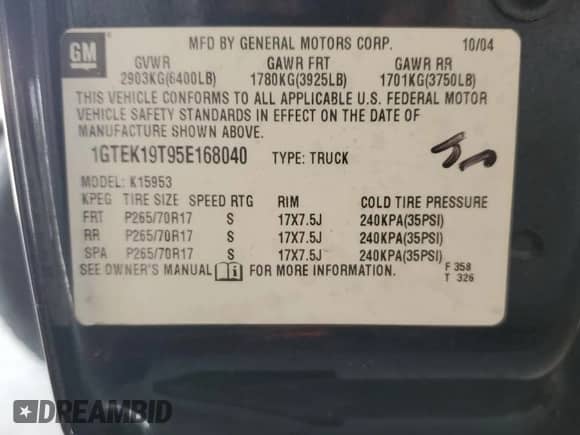 2005 GMC Sierra 1500 SLT with VIN 1GTEK19T95E168040, listed as a Copart auction lot 81080495 with 226,925 mi miles and Salvage title. Bid and sale history available at DreamBid. Image 12.
