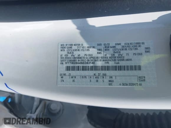 ✅ 2022 Ford F-250 XL • VIN: 1FT7W2B64NED83140 • Lot: 42564764. Listed on IAAI with 77,458 mi. Free auction sales archive from the USA and detailed vehicle history report at DreamBid. Image 9.