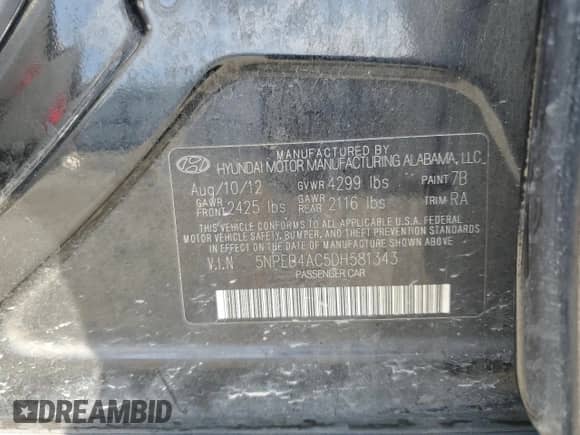 2013 Hyundai Sonata GLS with VIN 5NPEB4AC5DH581343, listed as a Copart auction lot 81716405 with 157,587 mi miles and Salvage title. Bid and sale history available at DreamBid. Image 12.