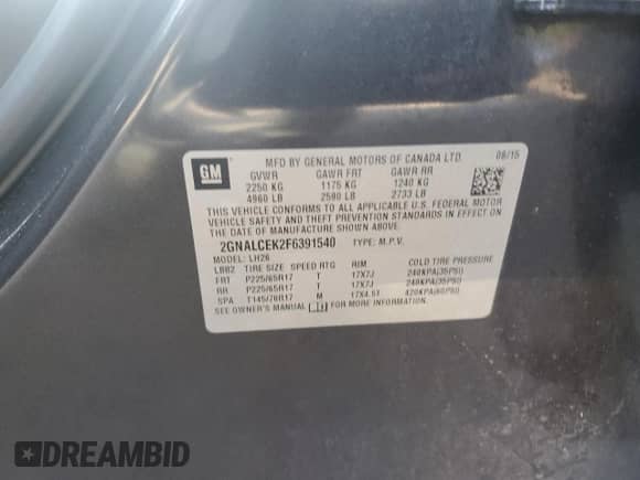 2015 Chevrolet Equinox LT с VIN 2GNALCEK2F6391540, выставлен на аукционе Copart как лот 66302345 с пробегом 135 269 миль миль и Списание • Salvage title. История ставок и продаж доступна на DreamBid. Изображение 13.