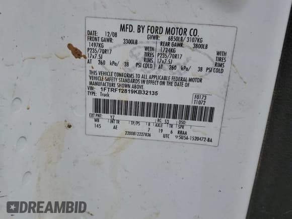 ✅ 2009 Ford F-150 XL • VIN: 1FTRF12819KB32135 • Лот: 62860825. Опубликован ранее на Copart с пробегом 266 068 миль. Бесплатный доступ к архиву аукционных продаж из США и подробный отчёт об истории автомобиля на DreamBid. Изображение 12.