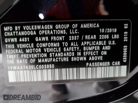 ✅ 2020 Volkswagen Passat S • VIN: 1VWAA7A35LC003950 • Lot: 69053915. Wystawiony na Copart z przebiegiem 148 714 mil. Bezpłatny archiwum sprzedaży aukcyjnych z USA i szczegółowy raport historii pojazdu na DreamBid. Zdjęcie 12.
