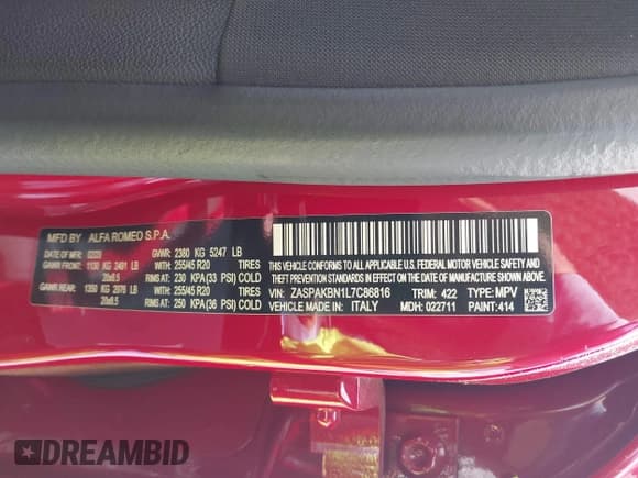 ✅ 2020 Alfa Romeo Stelvio Ti • VIN: ZASPAKBN1L7C86816 • Lot: 42572610. Listed on IAAI with 30,396 mi. Free auction sales archive from the USA and detailed vehicle history report at DreamBid. Image 9.