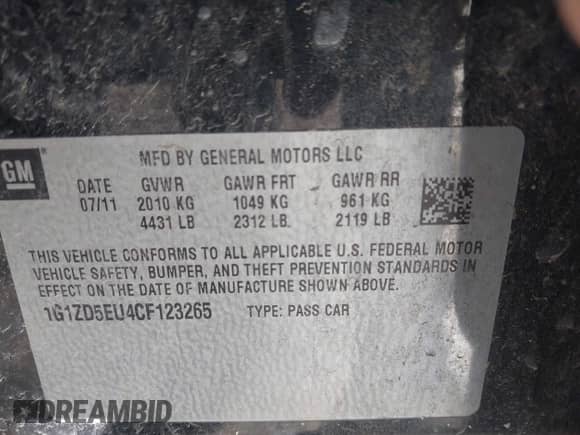 2012 Chevrolet Malibu 2LT z VIN 1G1ZD5EU4CF123265, wystawiony jako IAAI lot #43399908 z przebiegiem 146 993 mil mil oraz . Historia ofert i sprzedaży dostępna na DreamBid. Obrazek 9.