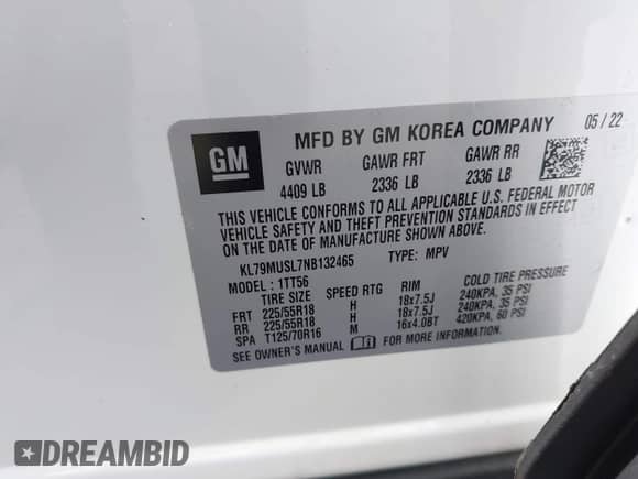 2022 Chevrolet TrailBlazer RS с VIN KL79MUSL7NB132465, выставлен на аукционе IAAI как лот 43342712 с пробегом 23 212 миль миль и . История ставок и продаж доступна на DreamBid. Изображение 9.