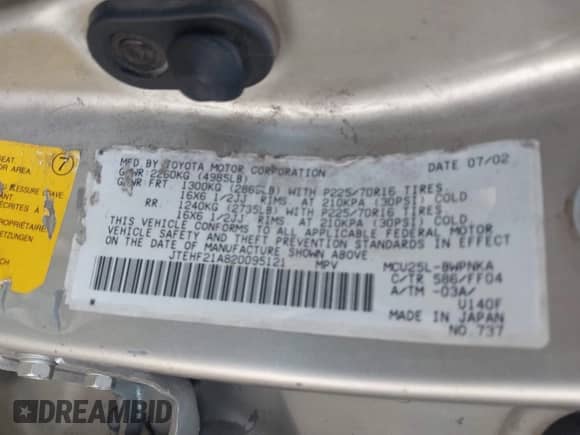 2002 Toyota Highlander z VIN JTEHF21A820095121, wystawiony jako IAAI lot #43097400 z przebiegiem 212 944 mil mil oraz . Historia ofert i sprzedaży dostępna na DreamBid. Obrazek 9.