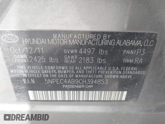 ✅ 2012 Hyundai Sonata Limited • VIN: 5NPEC4AB9CH394853 • Lot: 42580649. Listed on IAAI with 198,411 mi. Free auction sales archive from the USA and detailed vehicle history report at DreamBid. Image 9.