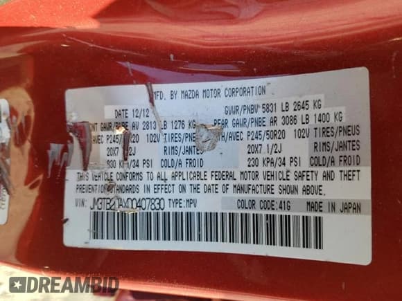 ✅ 2013 Mazda CX-9 Grand Touring • VIN: JM3TB2DAXD0407830 • Lot: 92640115. Wystawiony na Copart z przebiegiem 185 960 mil. Bezpłatny archiwum sprzedaży aukcyjnych z USA i szczegółowy raport historii pojazdu na DreamBid. Zdjęcie 12.