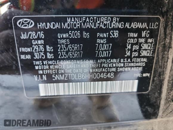 ✅ 2017 Hyundai Santa Fe 2.4L • VIN: 5NMZTDLB6HH004648 • Lot: 82200395. Wystawiony na Copart z przebiegiem 97 307 mil. Bezpłatny archiwum sprzedaży aukcyjnych z USA i szczegółowy raport historii pojazdu na DreamBid. Zdjęcie 13.