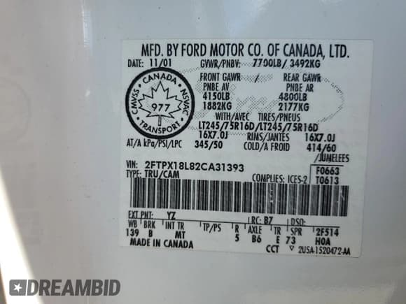 ✅ 2002 Ford F-150 XL • VIN: 2FTPX18L82CA31393 • Лот: 51715385. Опубликован ранее на Copart с пробегом Не указан. Бесплатный доступ к архиву аукционных продаж из США и подробный отчёт об истории автомобиля на DreamBid. Изображение 12.