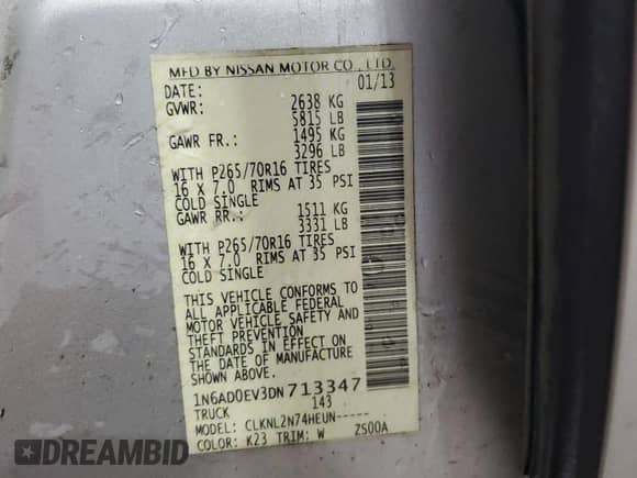 2013 Nissan Frontier SV с VIN 1N6AD0EV3DN713347, выставлен на аукционе Copart как лот 86710535 с пробегом 203 107 миль миль и Списание • Salvage title. История ставок и продаж доступна на DreamBid. Изображение 13.