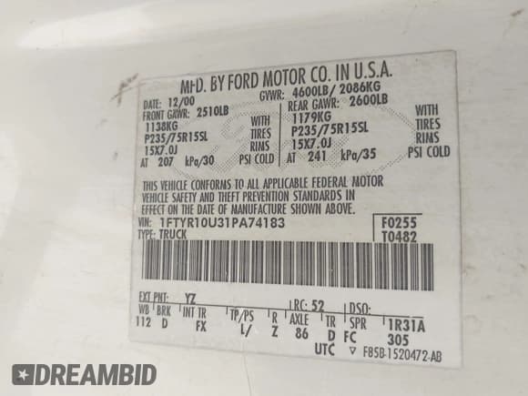 ✅ 2001 Ford Ranger XL • VIN: 1FTYR10U31PA74183 • Lot: 41974847. Wystawiony na IAAI z przebiegiem 232 801 mil. Bezpłatny archiwum sprzedaży aukcyjnych z USA i szczegółowy raport historii pojazdu na DreamBid. Zdjęcie 9.