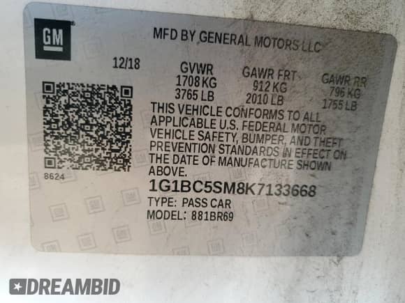 2019 Chevrolet Cruze LS с VIN 1G1BC5SM8K7133668, выставлен на аукционе Copart как лот 80787795 с пробегом 129 704 миль миль и Списание • Salvage title. История ставок и продаж доступна на DreamBid. Изображение 13.