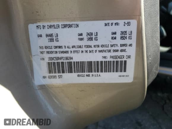 ✅ 1993 Dodge Dynasty LE • VIN: 1B3XC56R4PD186204 • Lot: 84626705. Listed on Copart with 130,345 mi. Free auction sales archive from the USA and detailed vehicle history report at DreamBid. Image 12.