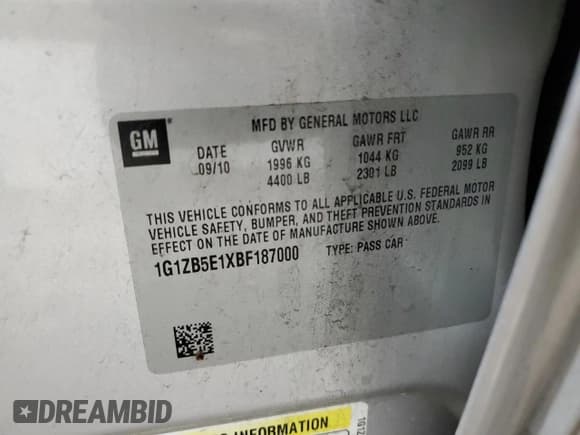 ✅ 2011 Chevrolet Malibu 1LS • VIN: 1G1ZB5E1XBF187000 • Lot: 72415974. Listed on Copart with 99,923 mi. Free auction sales archive from the USA and detailed vehicle history report at DreamBid. Image 12.