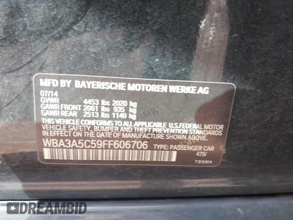 ✅ 2015 BMW 3 Series 328i • VIN: WBA3A5C59FF606706 • Lot: 43284667. Listed on IAAI with 159,668 mi. Free auction sales archive from the USA and detailed vehicle history report at DreamBid. Image 9.