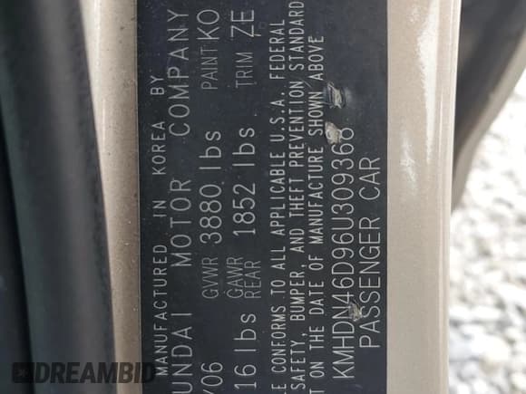 ✅ 2006 Hyundai Elantra GLS • VIN: KMHDN46D96U309368 • Lot: 80102115. Listed on Copart with Not provided. Free auction sales archive from the USA and detailed vehicle history report at DreamBid. Image 12.