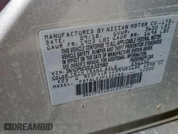 ✅ 2018 Nissan Kicks SV • VIN: 3N1CP5CU2JL537562 • Lot: 71481685. Listed on Copart with 138,085 mi. Free auction sales archive from the USA and detailed vehicle history report at DreamBid. Image 12.