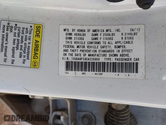 ✅ 2012 Acura TL Technology • VIN: 19UUA8F58CA039869 • Lot: 43488916. Listed on IAAI with 172,056 mi. Free auction sales archive from the USA and detailed vehicle history report at DreamBid. Image 9.