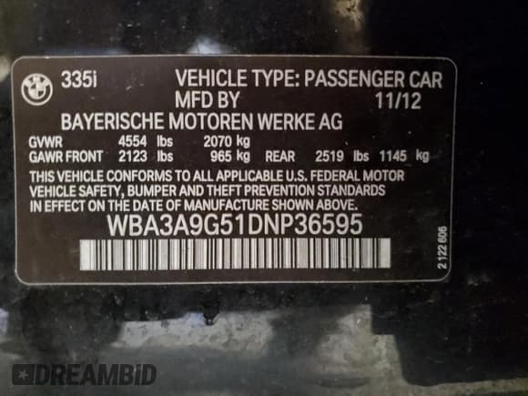 ✅ 2013 BMW 3 Series 335i • VIN: WBA3A9G51DNP36595 • Lot: 64306575. Listed on Copart with 83,061 mi. Free auction sales archive from the USA and detailed vehicle history report at DreamBid. Image 12.