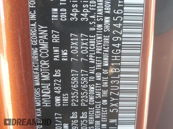 ✅ 2017 Hyundai Santa Fe 2.4L • VIN: 5XYZU3LB1HG492456 • Лот: 85956895. Опубликован ранее на Copart с пробегом 50 632 миль. Бесплатный доступ к архиву аукционных продаж из США и подробный отчёт об истории автомобиля на DreamBid. Изображение 14.
