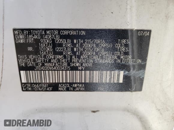 ✅ 2004 Toyota RAV4 • VIN: JTEHD20V640034315 • Lot: 82670355. Listed on Copart with 233,795 mi. Free auction sales archive from the USA and detailed vehicle history report at DreamBid. Image 14.