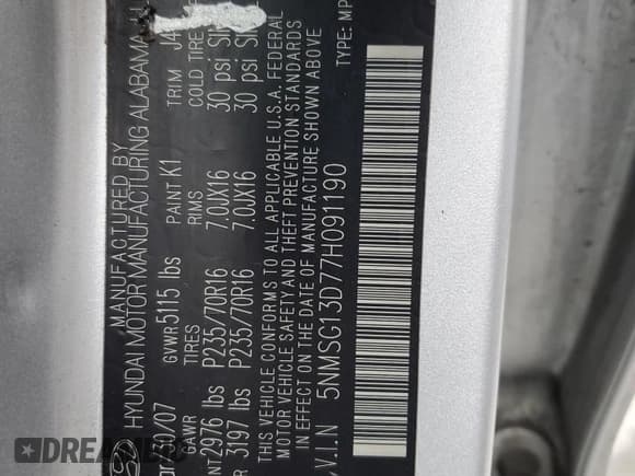 ✅ 2007 Hyundai Santa Fe GLS • VIN: 5NMSG13D77H091190 • Lot: 91096695. Listed on Copart with 204,104 mi. Free auction sales archive from the USA and detailed vehicle history report at DreamBid. Image 13.