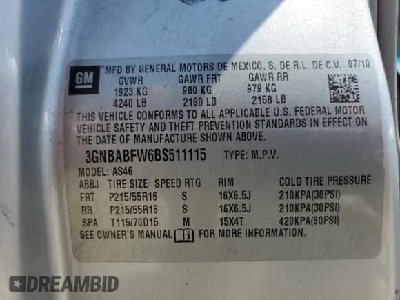 2011 Chevrolet HHR 1LT z VIN 3GNBABFW6BS511115, wystawiony jako Copart lot #58381134 z przebiegiem Nie podano mil oraz Szkoda całkowita • Salvage title. Historia ofert i sprzedaży dostępna na DreamBid. Obrazek 12.