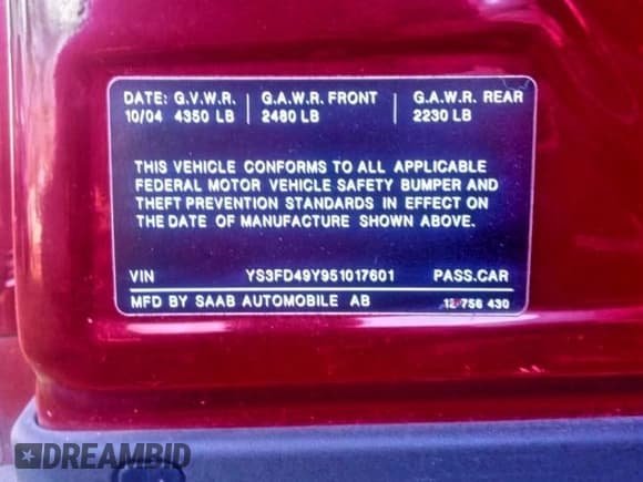 ✅ 2005 Saab 9-3 Arc • VIN: YS3FD49Y951017601 • Lot: 94717795. Wystawiony na Copart z przebiegiem 191 358 mil. Bezpłatny archiwum sprzedaży aukcyjnych z USA i szczegółowy raport historii pojazdu na DreamBid. Zdjęcie 10.