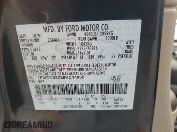 ✅ 2008 Ford Escape XLS • VIN: 1FMCU92Z88KC14960 • Lot: 87274945. Wystawiony na Copart z przebiegiem 166 005 mil. Bezpłatny archiwum sprzedaży aukcyjnych z USA i szczegółowy raport historii pojazdu na DreamBid. Zdjęcie 13.