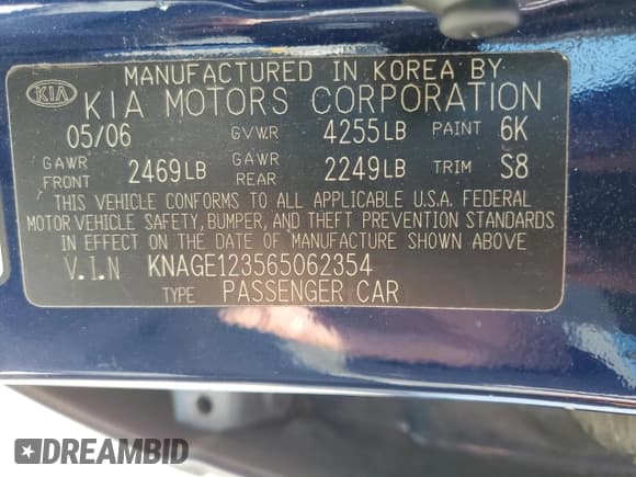 ✅ 2006 Kia Optima LX • VIN: KNAGE123565062354 • Лот: 52039425. Опубликован ранее на Copart с пробегом 252 137 миль. Бесплатный доступ к архиву аукционных продаж из США и подробный отчёт об истории автомобиля на DreamBid. Изображение 12.