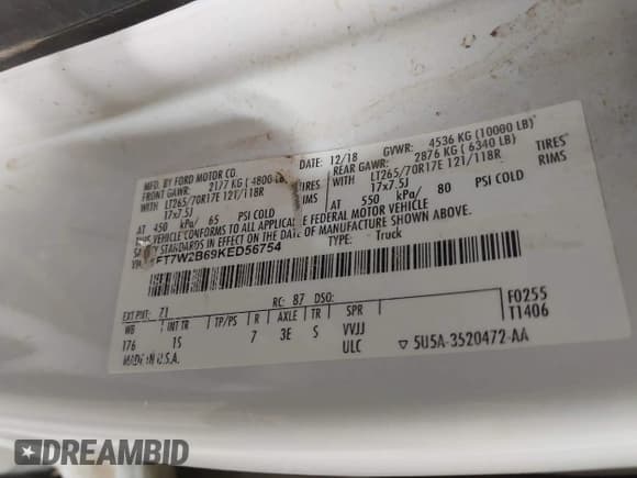 ✅ 2019 Ford F-250 XL • VIN: 1FT7W2B69KED56754 • Lot: 42410960. Listed on IAAI with 162,459 mi. Free auction sales archive from the USA and detailed vehicle history report at DreamBid. Image 9.