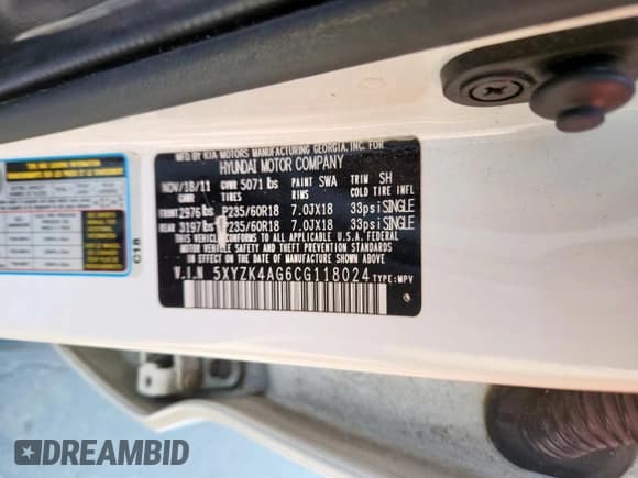 ✅ 2012 Hyundai Santa Fe Limited • VIN: 5XYZK4AG6CG118024 • Lot: 86480585. Listed on Copart with 175,487 mi. Free auction sales archive from the USA and detailed vehicle history report at DreamBid. Image 14.