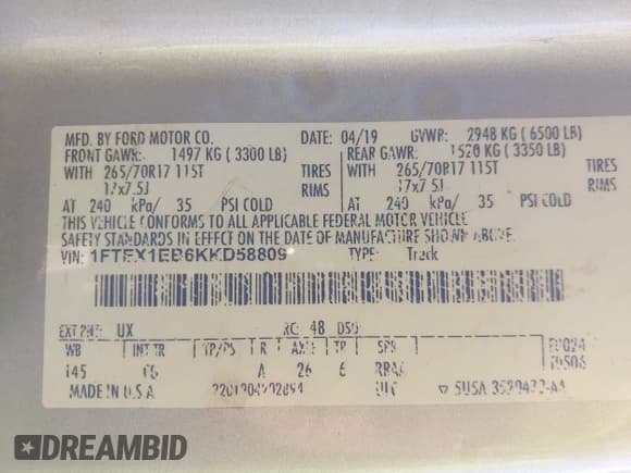 ✅ 2019 Ford F-150 XL • VIN: 1FTEX1EB6KKD58809 • Lot: 43369137. Listed on IAAI with 195,461 mi. Free auction sales archive from the USA and detailed vehicle history report at DreamBid. Image 9.