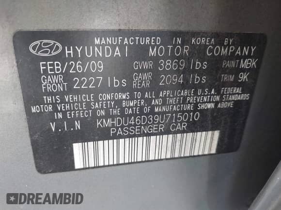 ✅ 2009 Hyundai Elantra GLS • VIN: KMHDU46D39U715010 • Лот: 43599659. Опубликован ранее на IAAI с пробегом 199 582 миль. Бесплатный доступ к архиву аукционных продаж из США и подробный отчёт об истории автомобиля на DreamBid. Изображение 9.