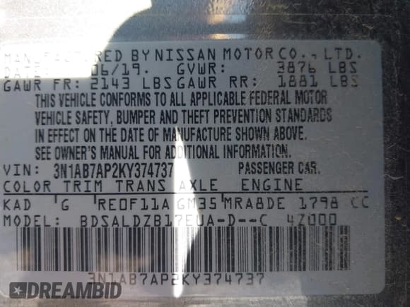 ✅ 2019 Nissan Sentra S • VIN: 3N1AB7AP2KY374737 • Лот: 43459225. Опубликован ранее на IAAI с пробегом 113 366 миль. Бесплатный доступ к архиву аукционных продаж из США и подробный отчёт об истории автомобиля на DreamBid. Изображение 9.