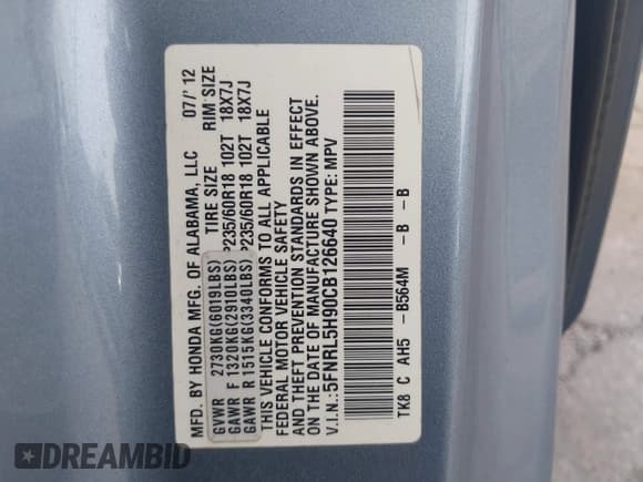 ✅ 2012 Honda Odyssey Touring • VIN: 5FNRL5H90CB126640 • Lot: 43287795. Listed on IAAI with 185,534 mi. Free auction sales archive from the USA and detailed vehicle history report at DreamBid. Image 9.