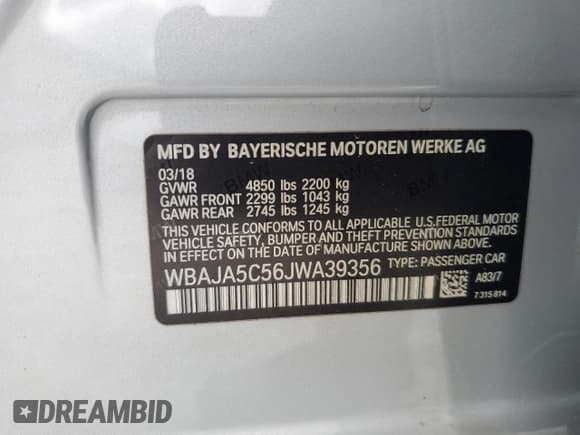 ✅ 2018 BMW 5 Series 530i • VIN: WBAJA5C56JWA39356 • Lot: 81881105. Wystawiony na Copart z przebiegiem 102 442 mil. Bezpłatny archiwum sprzedaży aukcyjnych z USA i szczegółowy raport historii pojazdu na DreamBid. Zdjęcie 12.