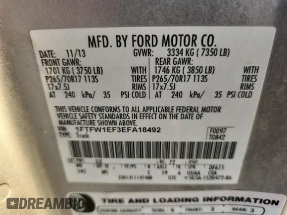 ✅ 2014 Ford F-150 Platinum • VIN: 1FTFW1EF3EFA18492 • Lot: 82710545. Listed on Copart with 273,071 mi. Free auction sales archive from the USA and detailed vehicle history report at DreamBid. Image 12.
