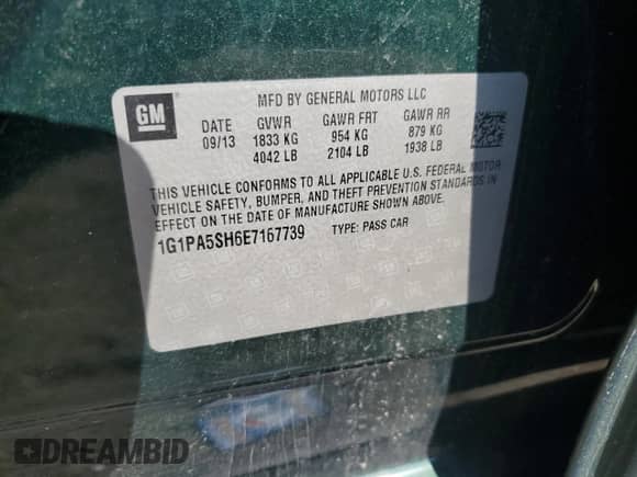 2014 Chevrolet Cruze LS with VIN 1G1PA5SH6E7167739, listed as a Copart auction lot 80187955 with 82,187 mi miles and Non repairable. Bid and sale history available at DreamBid. Image 12.